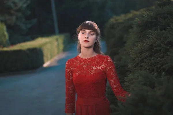 Retrato de uma bela jovem em um vestido vermelho. — Fotografia de Stock