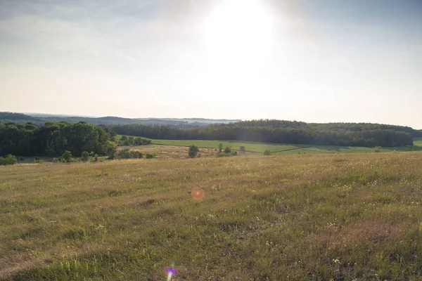 Yaz güneşli manzara şehir dışında gün batımında.
