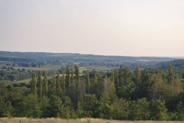 Yaz güneşli manzara şehir dışında gün batımında.