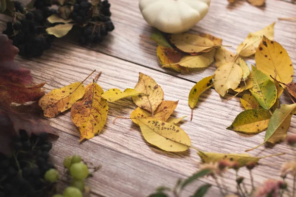 Ahşap arka planda sarı sonbahar yaprakları.