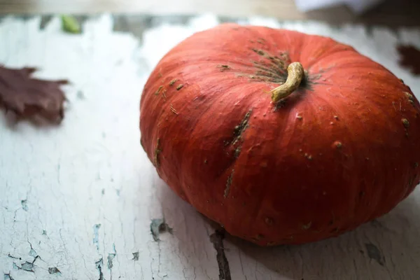 Citrouille d'Halloween sur fond blanc en bois naturel . — Photo