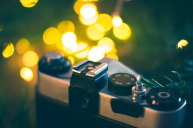 Noel ağaç dalları ve ışıklar ahşap bir zemin üzerine eski fotoğraf makinesi.