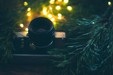 Noel ağaç dalları ve ışıklar ahşap bir zemin üzerine eski fotoğraf makinesi.