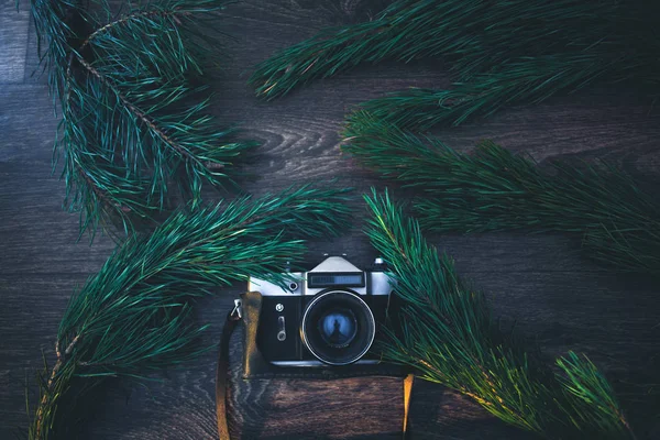 Gammal kamera på en trä bakgrund med julgran grenar. — Stockfoto