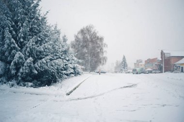 Kış günü kar yağışı şehir içinde.