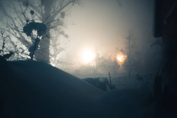 Noite nebulosa de inverno em uma aldeia coberta de neve . — Fotografia de Stock