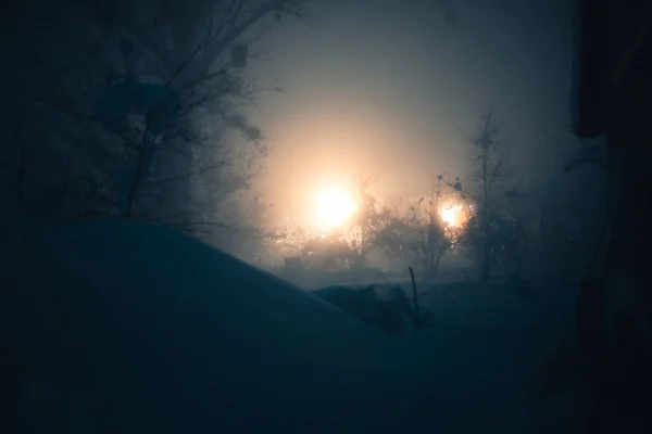 Winter foggy evening in a snow-capped village.