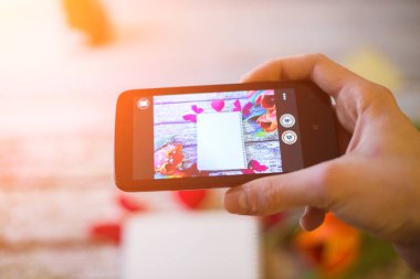 El telefon ve Fotoğraflar laleler natürmort tutar