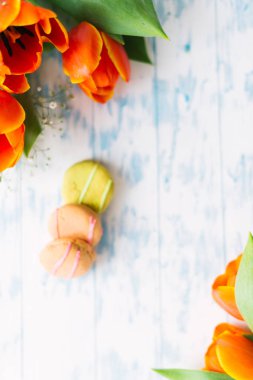 Çiçek açması Lale macaroons hafif ahşap arka plan ile. Natürmort, Bahar kavramı