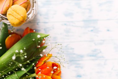 Macaroons sepet yakınındaki çiçek açması laleler