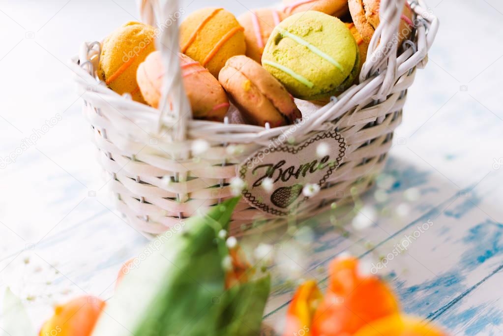 Blossoming tulips near a basket with macaroons