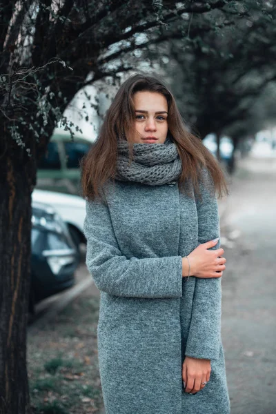 Chica con un abrigo gris en el invierno en la ciudad —  Fotos de Stock