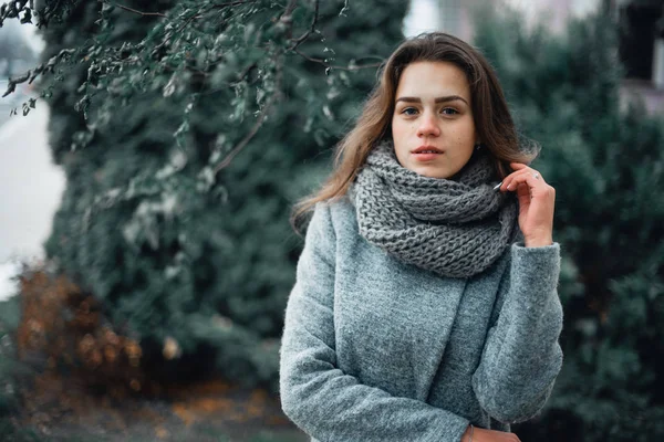 Menina em um casaco cinza no inverno na cidade — Fotografia de Stock