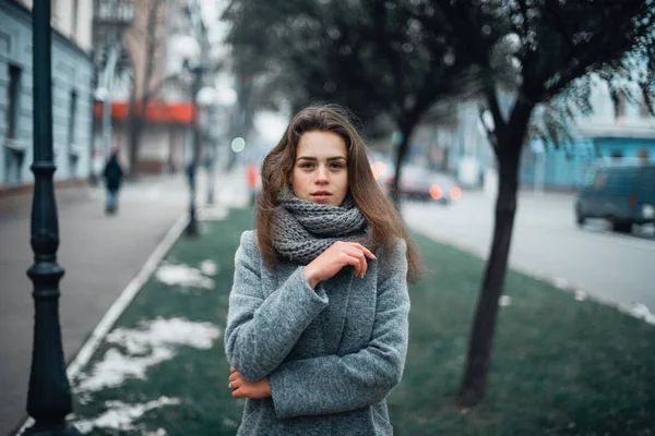 Chica con un abrigo gris en el invierno en la ciudad —  Fotos de Stock