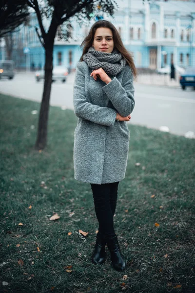 Chica con un abrigo gris en el invierno en la ciudad — Foto de Stock