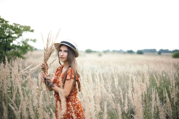 Mädchen im roten Kleid auf einem Weizenfeld — Stockfoto