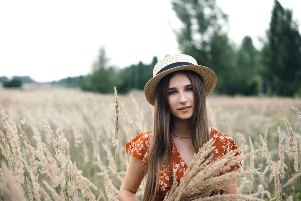 Girl in a red dress on a wheat field — Stok fotoğraf