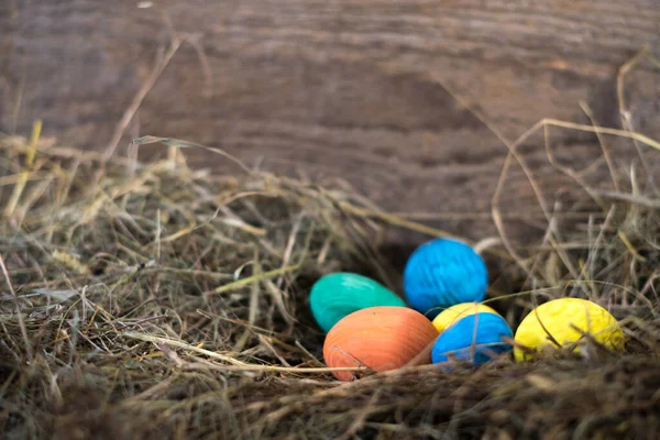 Ovos de Páscoa em uma cesta em um feno com um fundo embaçado — Fotografia de Stock