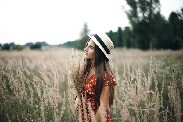 Fille dans une robe rouge sur un champ de blé — Photo
