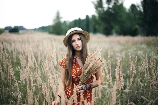 Fille dans une robe rouge sur un champ de blé — Photo