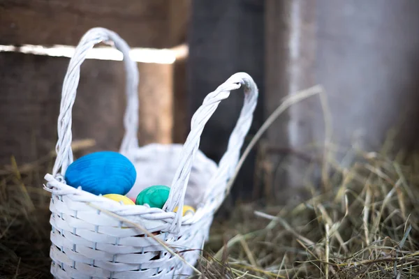 Easter eggs in a basket on a hay with a blurred background — Stock Photo, Image