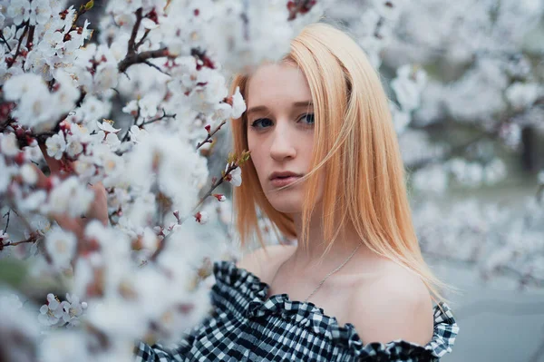 Beautiful young blonde girl on a background of flowering trees — Stok Foto