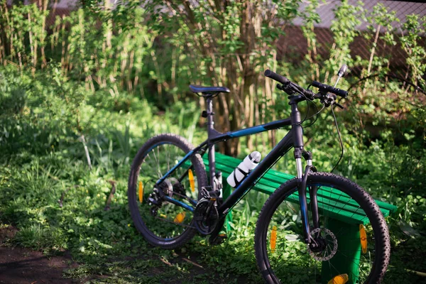 Bicicleta deportiva de montaña cerca de un banco en un parque verde —  Fotos de Stock