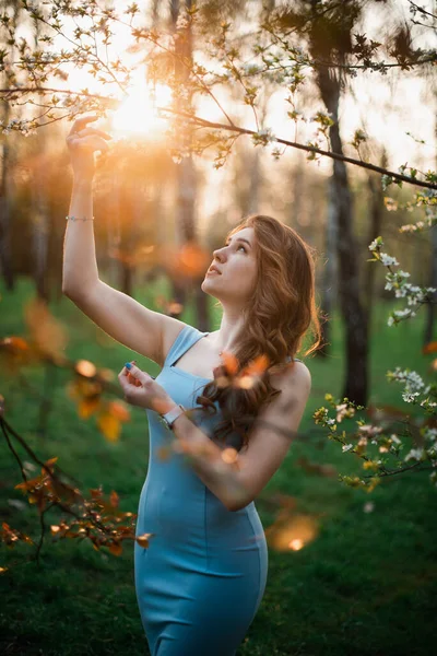 Piękna młoda dziewczyna w niebieskiej sukience w wiosennym parku — Zdjęcie stockowe