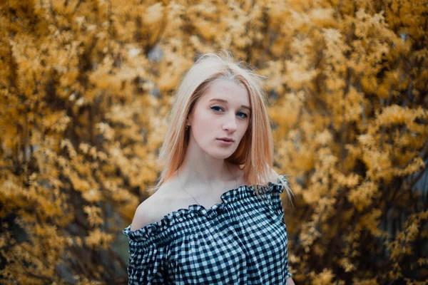 Menina loira bonita em um fundo de árvores floridas — Fotografia de Stock