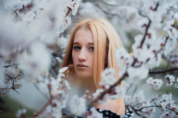 Vacker ung blond flicka på en bakgrund av blommande träd — Stockfoto