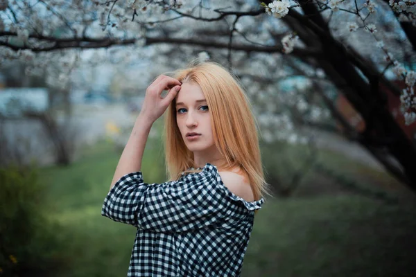 Beautiful young blonde girl on a background of flowering trees — Stock Photo, Image