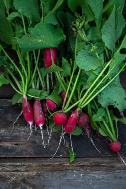 Eski ahşap bir arka planda yazlık evi olan turp..