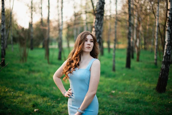 Menina bonita em um vestido azul em um parque de primavera — Fotografia de Stock