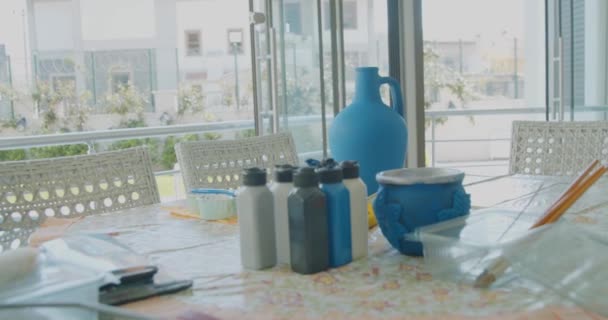 Blue Handcraft Vase Made Argil Painting Equipment — Stock Video