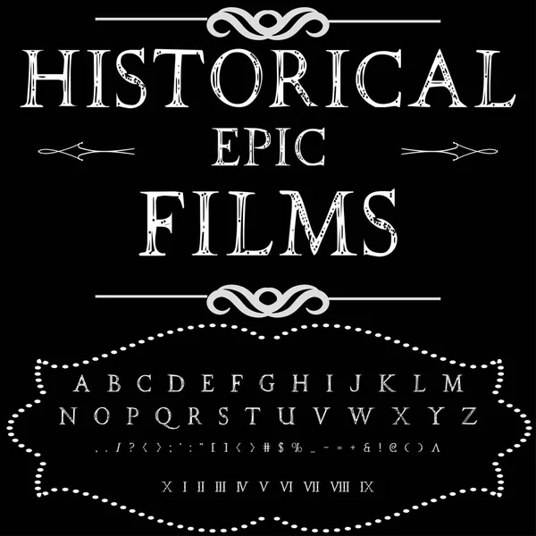 Schriftart Schriftset namens historische epische Filme Pinsel gemalte Zeichen Klein- und Großbuchstaben handgeschriebene Schriftart Typografie Alphabet für Ihre Entwürfe — Stockvektor