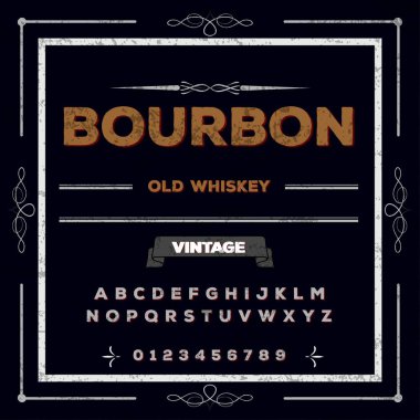 Yazı tipi yazı komut dosyası - bourbon Vintage - çerçeve - etiket tasarımı, viski ve etiket, Restoran, bira etiket şarap. Vektör çizim