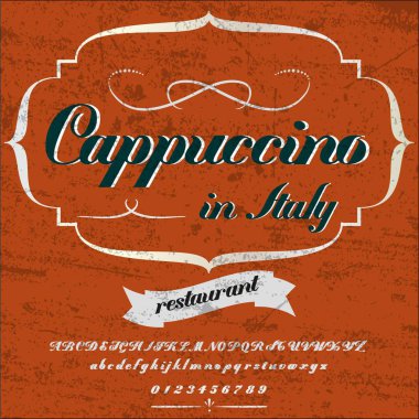 Yazı tipi. Yazı komut dosyası Cappuccino Vintage - çerçeve etiket tasarımı, viski ve şarap etiket, Restoran, bira etiket. Vektör çizim