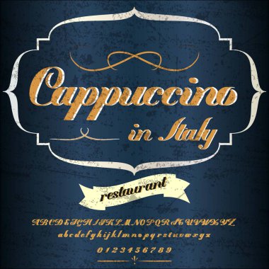 Yazı tipi komut dosyası yazı tipi Cappuccino Vintage - çerçeve - etiket tasarımı, viski ve etiket, Restoran, bira etiket şarap. Vektör çizim