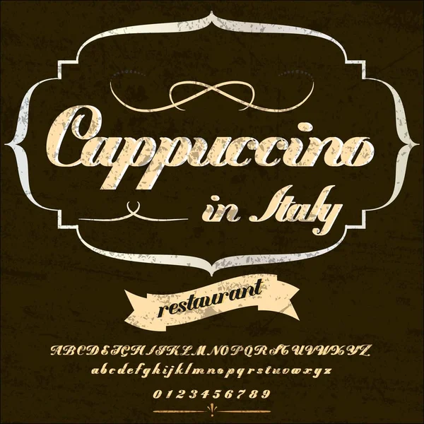 Font Script-Typeface Cappuccino Diseño de etiqueta de marco vintage, Etiqueta de whisky y vino, Restaurante, Etiqueta de cerveza. Ilustración vectorial — Vector de stock