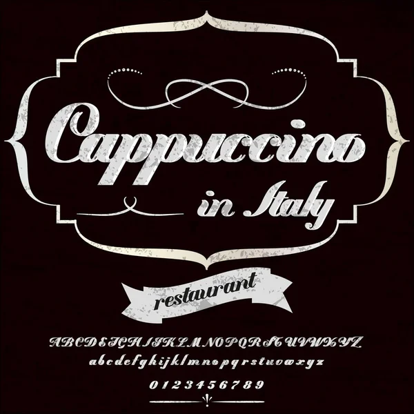 Font Typeface Script Cappuccino Diseño de etiqueta de marco vintage, Etiqueta de whisky y vino, Restaurante, Etiqueta de cerveza. Vector- ilustración — Vector de stock