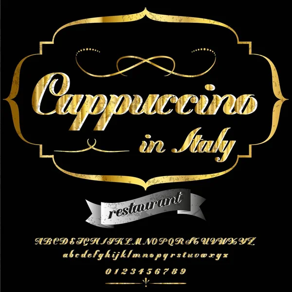 Script Font .Typeface. (em inglês) Cappuccino Vintage- frame label design, Whiskey and Wine label, Restaurante, etiqueta de cerveja. Vector- ilustração —  Vetores de Stock