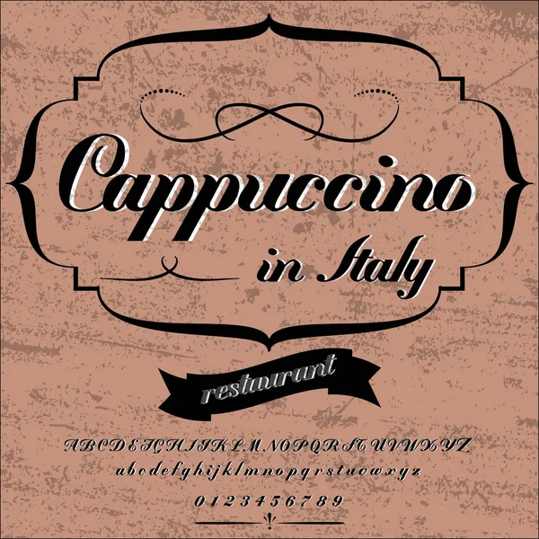 Guión. Fuente. Tipo de letra. Cappuccino Vintage- marco de diseño de etiquetas, etiqueta de whisky y vino, restaurante, etiqueta de cerveza. Ilustración vectorial — Vector de stock