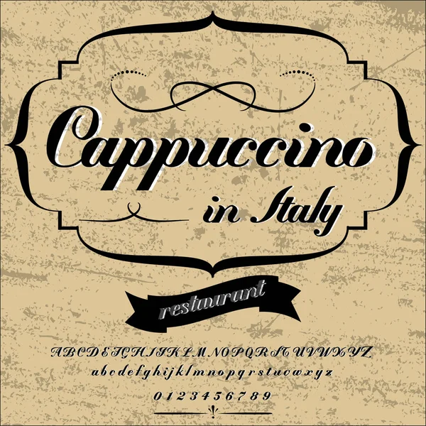 Guión. Fuente. Tipo de letra. Cappuccino Vintage- marco de diseño de etiquetas, etiqueta de whisky y vino, restaurante, etiqueta de cerveza. Vector- ilustración — Vector de stock