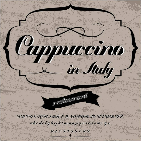 Guión. Fuente. Tipo de letra. Cappuccino Vintage- marco de diseño de etiquetas, etiqueta de whisky y vino, restaurante, etiqueta de cerveza. Vector - ilustración — Vector de stock