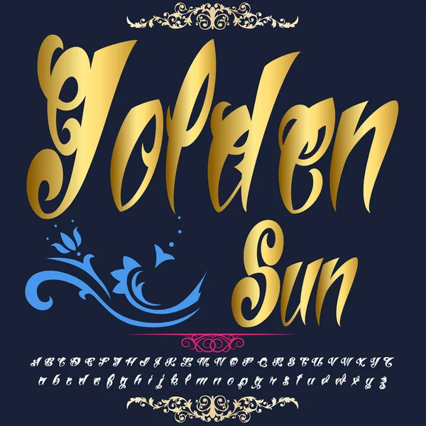 Ręcznie rysowane krój czcionki zestaw o nazwie golden sun pędzlem malowane postacie małe i wielkie alfabet typografii czcionki odręczne skrypt dla swoich projektów — Wektor stockowy