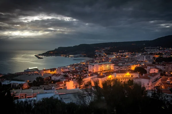 Panorama Général Village Sesimbra Portugal Nuit Tombée — Photo