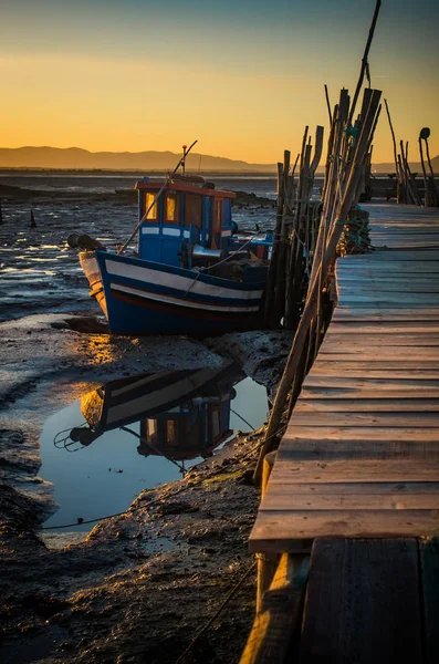 Sunset View Carrasqueira Palaffitic Port Old Boats Portugal — Stock Photo, Image