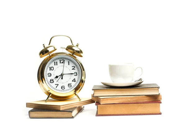 Reloj Libros Una Taza Café —  Fotos de Stock