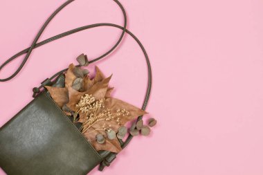 Pembe arka planda kuru yaprakları olan deri bir çanta.
