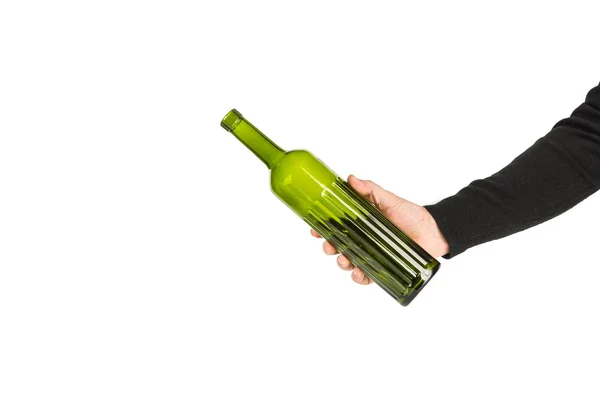 Человек Держит Зеленую Бутылку Белом Фоне — стоковое фото
